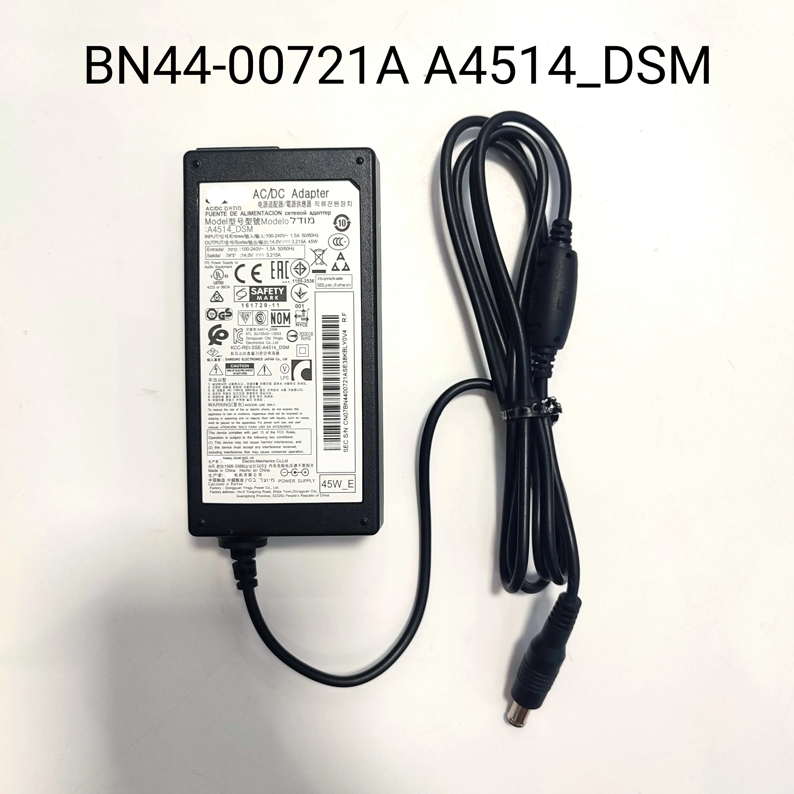 

BN44-00721A BN4400721A A4514_DSM AC/DC Power Adapter 14V 3.215A 45W_E for LS27D590 LS27E591 LT27D390 LU28E570D LU28E590D Charger