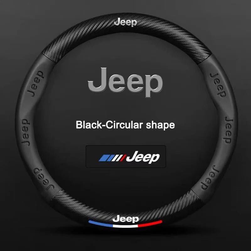 Protector de cuero y fibra de carbono para volante de coche, Jeep Wrangler Patriot Commander Grand Cherokee Compass Wagoneer Gladiator Renegade