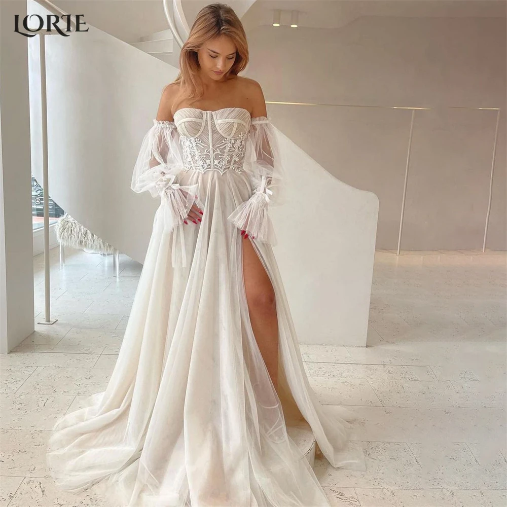 LORIE Bohemia Lace Wedding Dresses A-Line Puff Sleeves Appliques Sweetheart Bridal Gowns Sexy Side Slit Backless Bride Dress