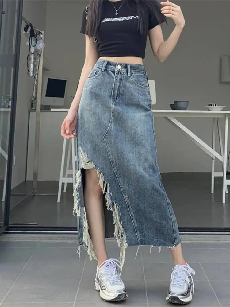 

Summer Vintage Casual Korean Fashion Tassel Ripped Denim Skirts Women High Waist Jeans Skirts Knee Length A Line Split Skirts