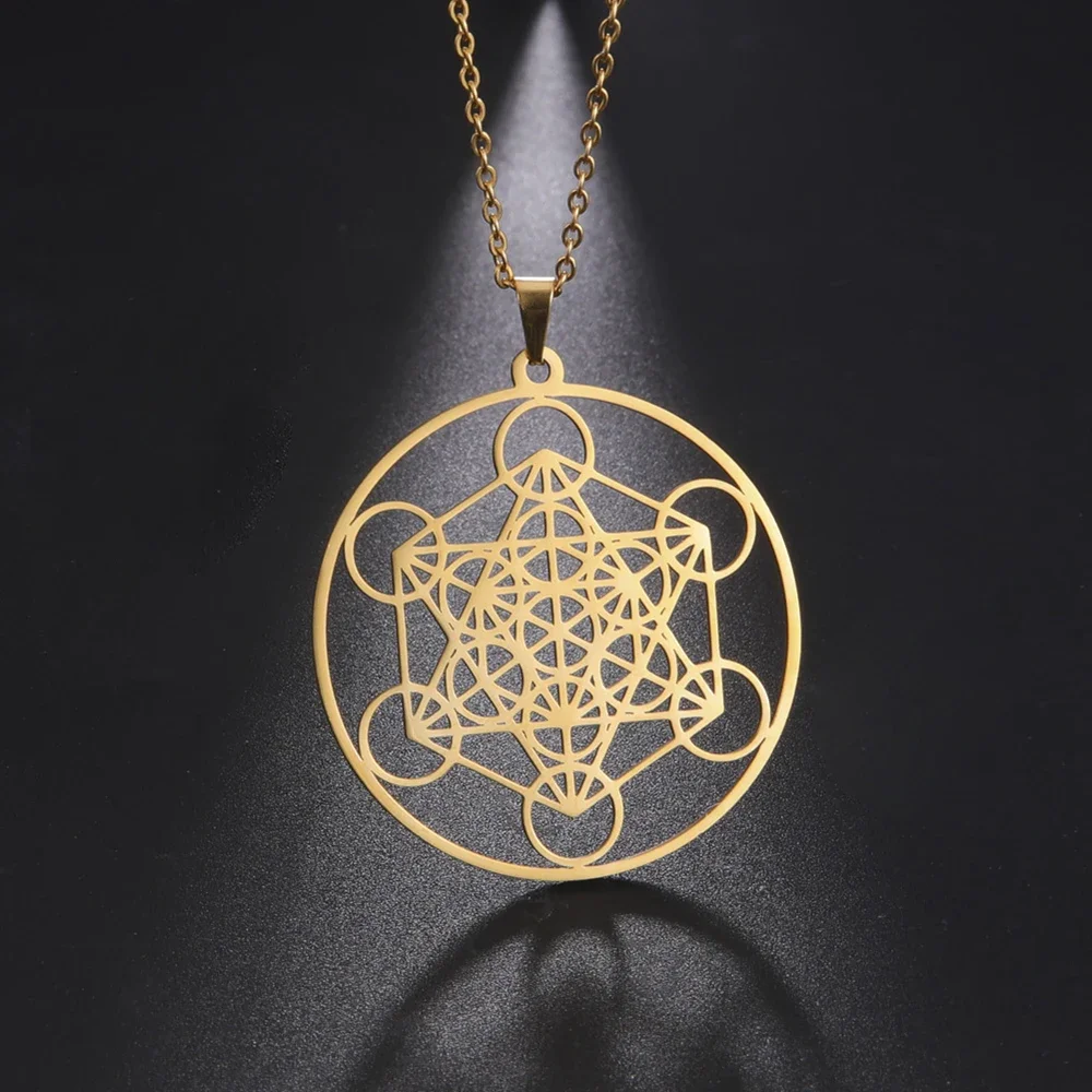 Skyrim Stainless Steel Angel Seal Archangel Metatron Cube Necklace Women Men Sacred Geometry Amulet Religious Spiritual Jewelry