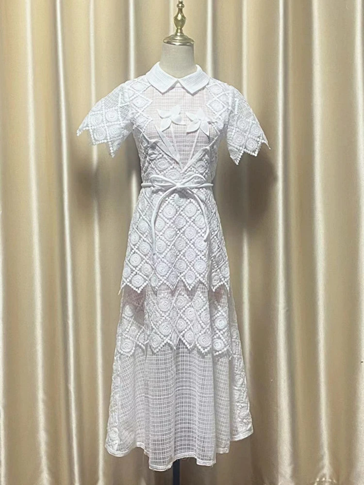 Abiti a rete con fiori 3D di alta qualità Primavera Donna Risvolto a maniche corte Abito grande altalena Abito estivo a vita alta con cerniera al ginocchio