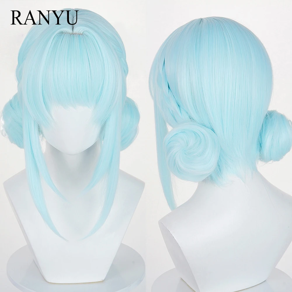 Ice Blue Short Straight Synthetic Wigs with Bangs Anime Game Cosplay Fluffy Bun Clip Wig for Daily Party
