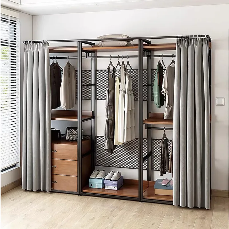 Walk-in closet rack household bedroom cloakroom rack wrought iron open wardrobe hanger hanger curtain