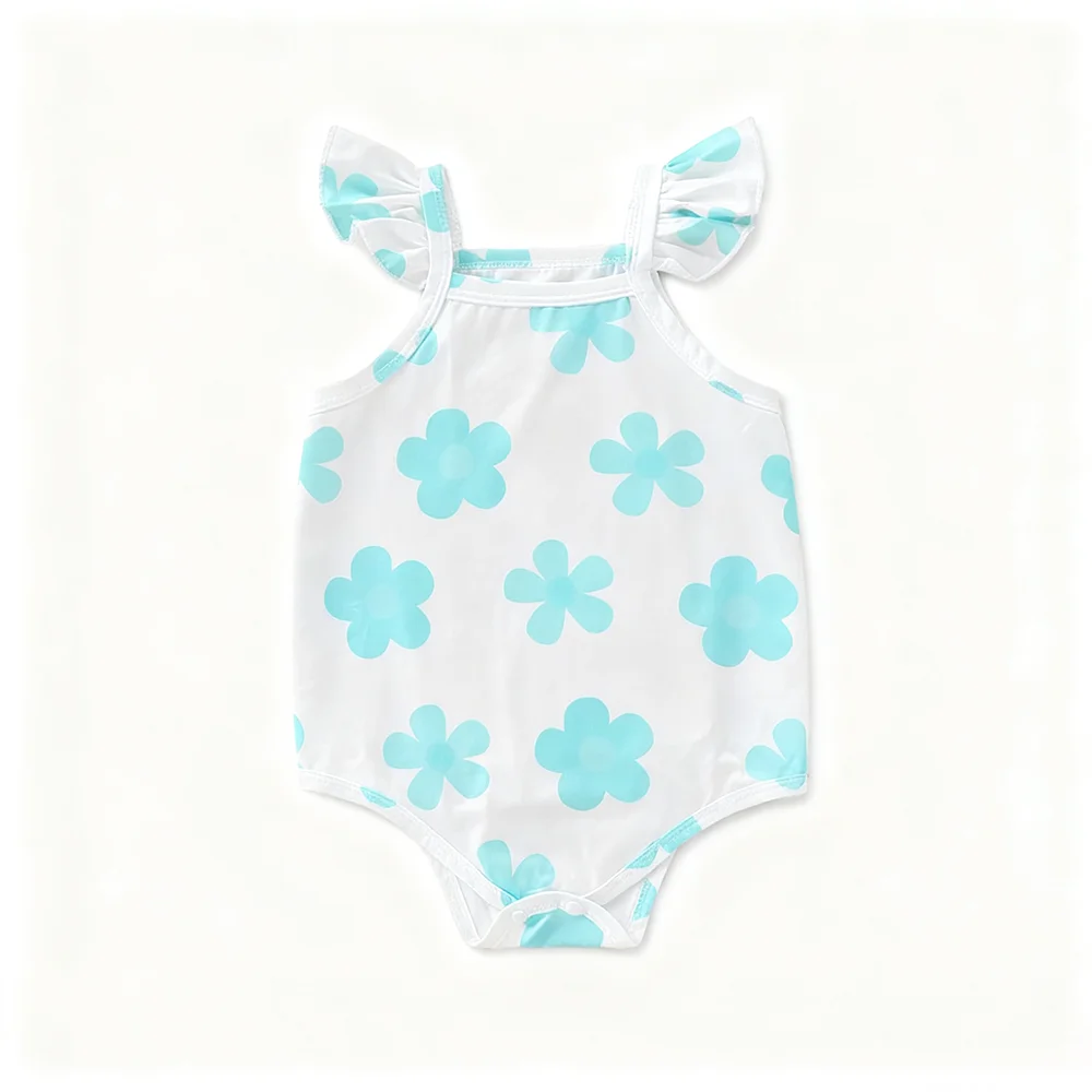 

New Baby Swimsuit with Sweet Summer Ruffle Edge Shoulder Strap Blue White Floral Print Soft and Skin Friendly One-piece Swimsuit