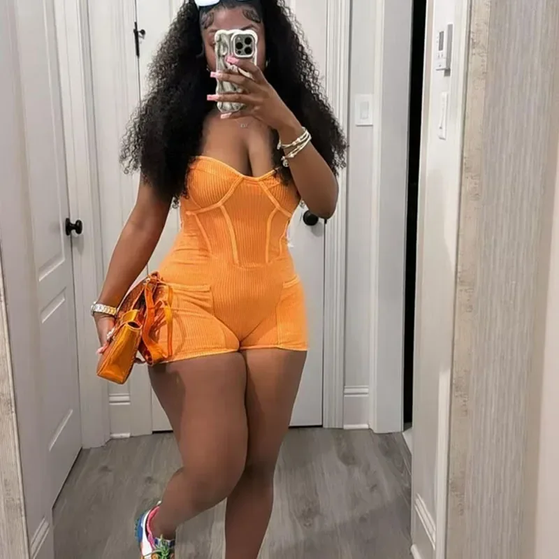 

Streetwear Knitted Jumpsuit Women 2025 One Piece Rompers Spaghetti Strap V-neck Backless Skinny Fitness Sporty Playsuit Pockets