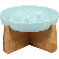 Slow Feeder Bowl with Wood Stand Ceramic Raised Cat Bowl for Neck Protection Anti-choking Slow Eating Pet Bowl Feeding Supplies