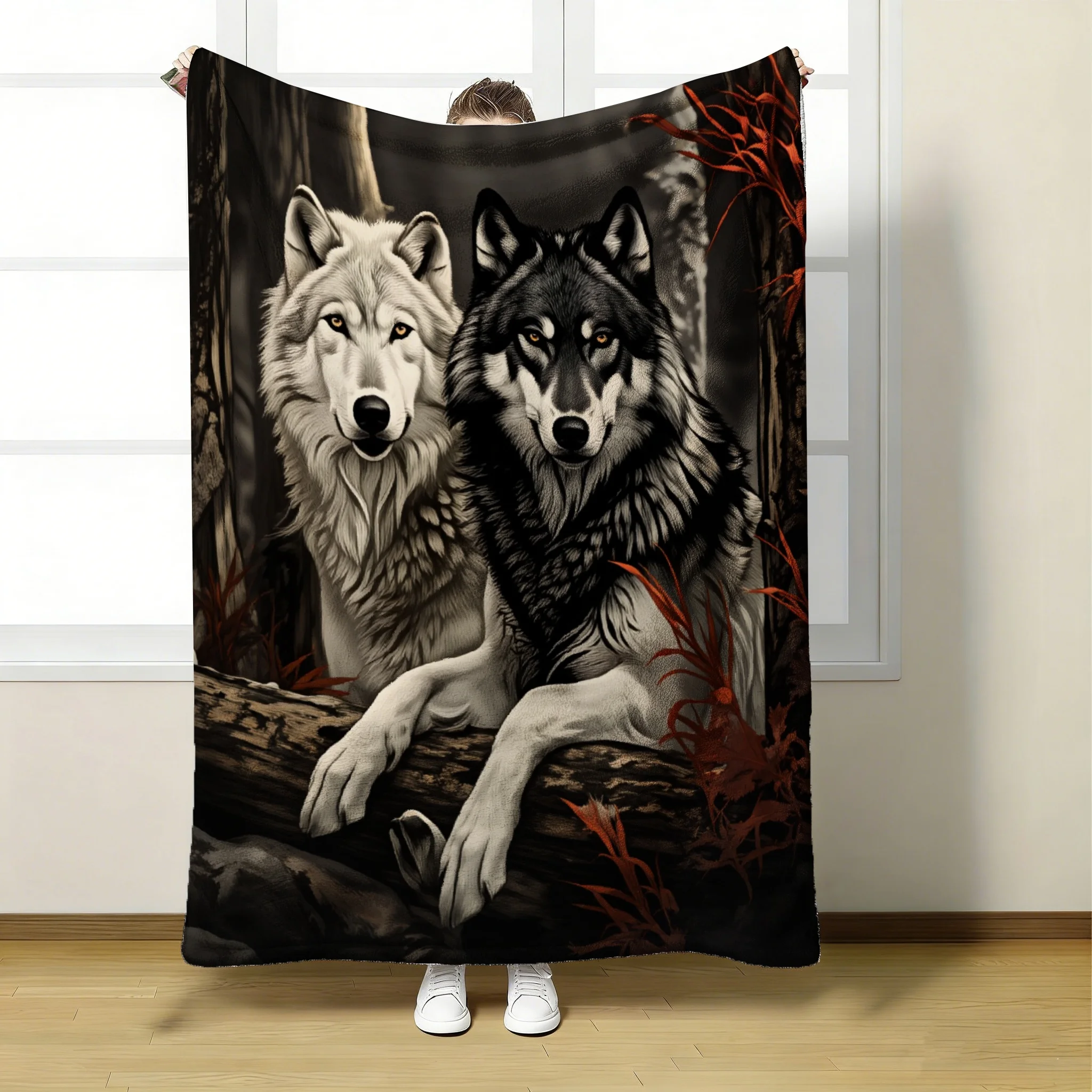 1 Stück Wolf-Paar-Wald-Weste-Überwurfdecke, weiche, leichte Ganzjahresdecke für Couch, Bett, Büro und Reisen, ideal für Loft, 280 g/m²