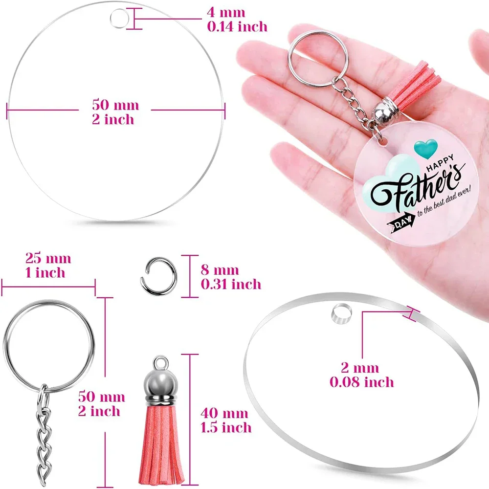 40PCS Acrylic Clear Circle Discs Keychain Set with Leather Tassel Pendant Jump Rings for Vinyl Kit DIY Keychain Vinyl Crafting