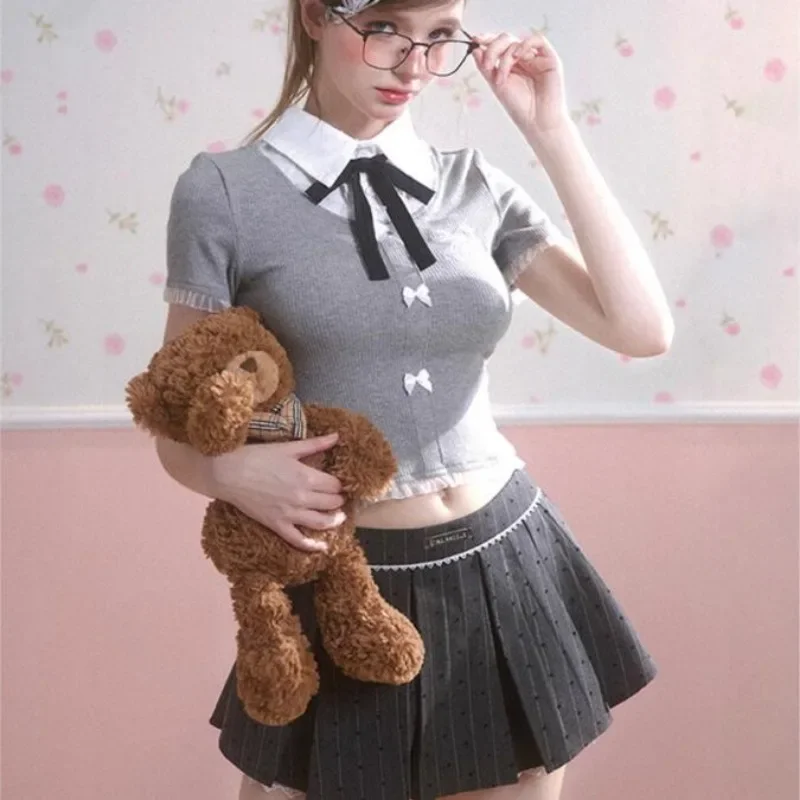 Women Pleated Skirt A-line Dress Y2k Bow High Waist Short Skirt Harajuku Design Streetwear Sweet Vintage Chic Sexy Mini Skirt