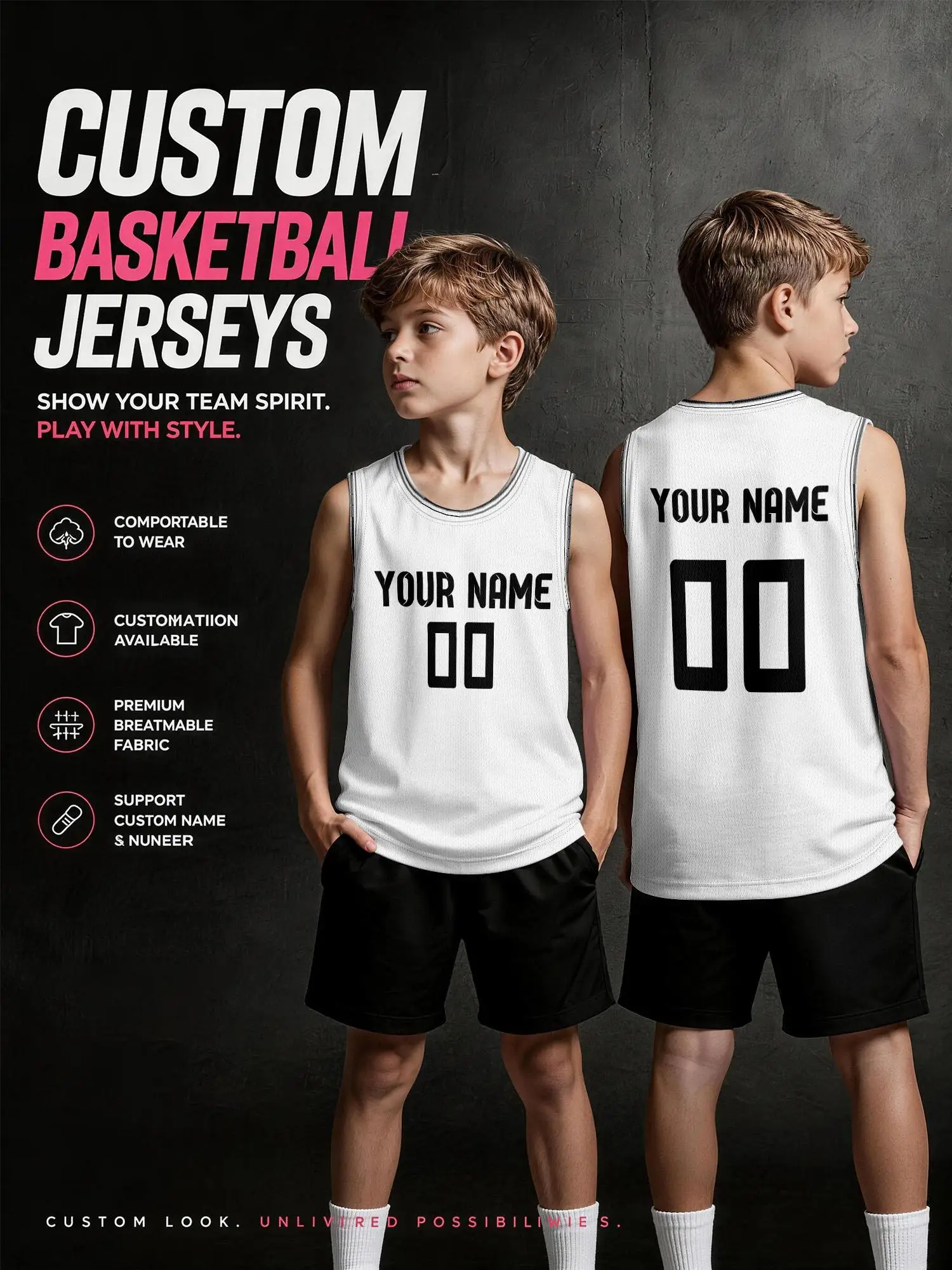Simple‑style White Grey‑Trim Custom Kids Basketball Jersey, Breathable Mesh Quick‑Dry Tank Top With Personalized Printing