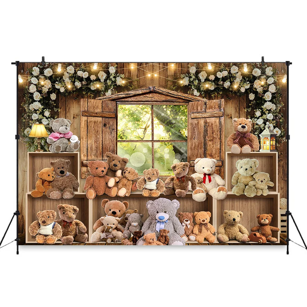 Moclicka mainan bayi beruang, Kit Studio potret anak latar belakang dekorasi rumah kayu latar belakang musim semi hijau