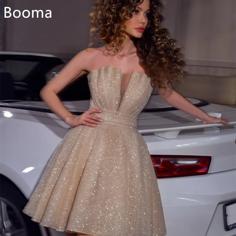 

Booma A-Line Shinny Mini Wedding Dresses Strapless Sleeveless Pleat Knee-Length Elegant Brides Gown Custom Made 2025