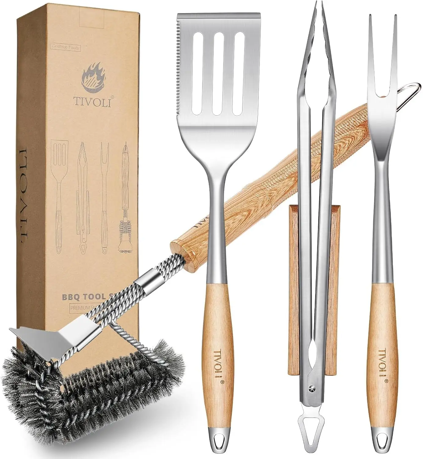 

4PCS Grilling Accessories, Heavy Duty BBQ Tool Set with Stainless Steel Spatula, Tongs, Fork, Cleaning Brush, Wood Handle