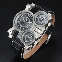 UTHAI CQ187 Industrial Mechanical Style Three Time Zone Watch Creative Big Block Alloy Leather Belt Men's Quartz Watch