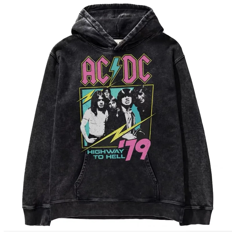 80 Years ACDC Band Music Rock Oversize American Retro Done Old Washed Batik Loose Plus Size Hooded Sweater