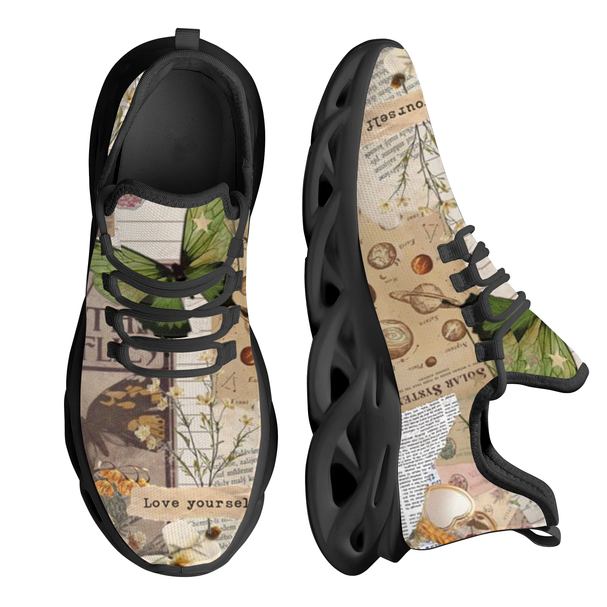 INSTANTARTS Trendy Butterfly Design Newspaper Print Lace-up Shoes Trainers Outdoor Breathable Lightweight Sport Shoes Zapatos