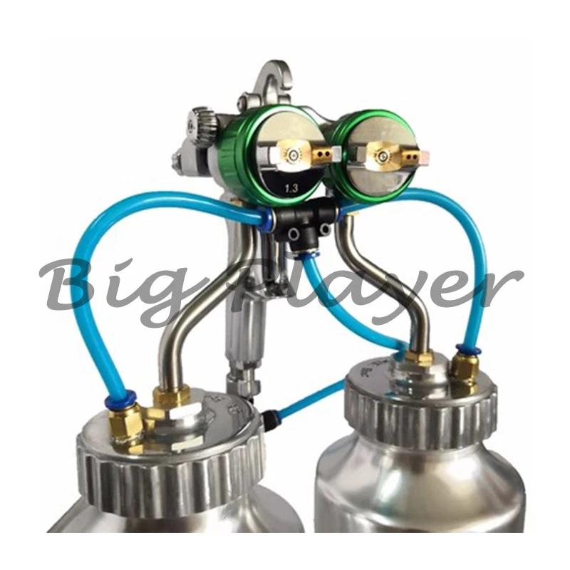 

Chrome Double Nozzle Spray With Two Inner Pressurized 1L Cans Double Head Pressure Feed Paint Spraying Equipment