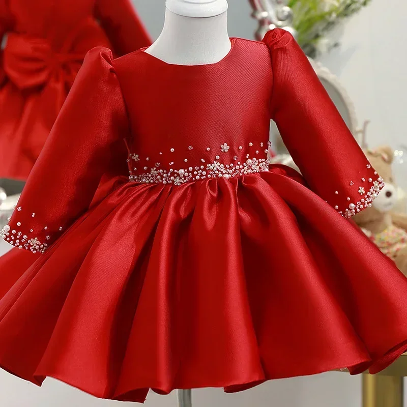 

2025 Christmas Party Dress for Girls Kids Princess Beading Big Bow Ball Gown Formal Occasion Dresses for Children Infant Clothes