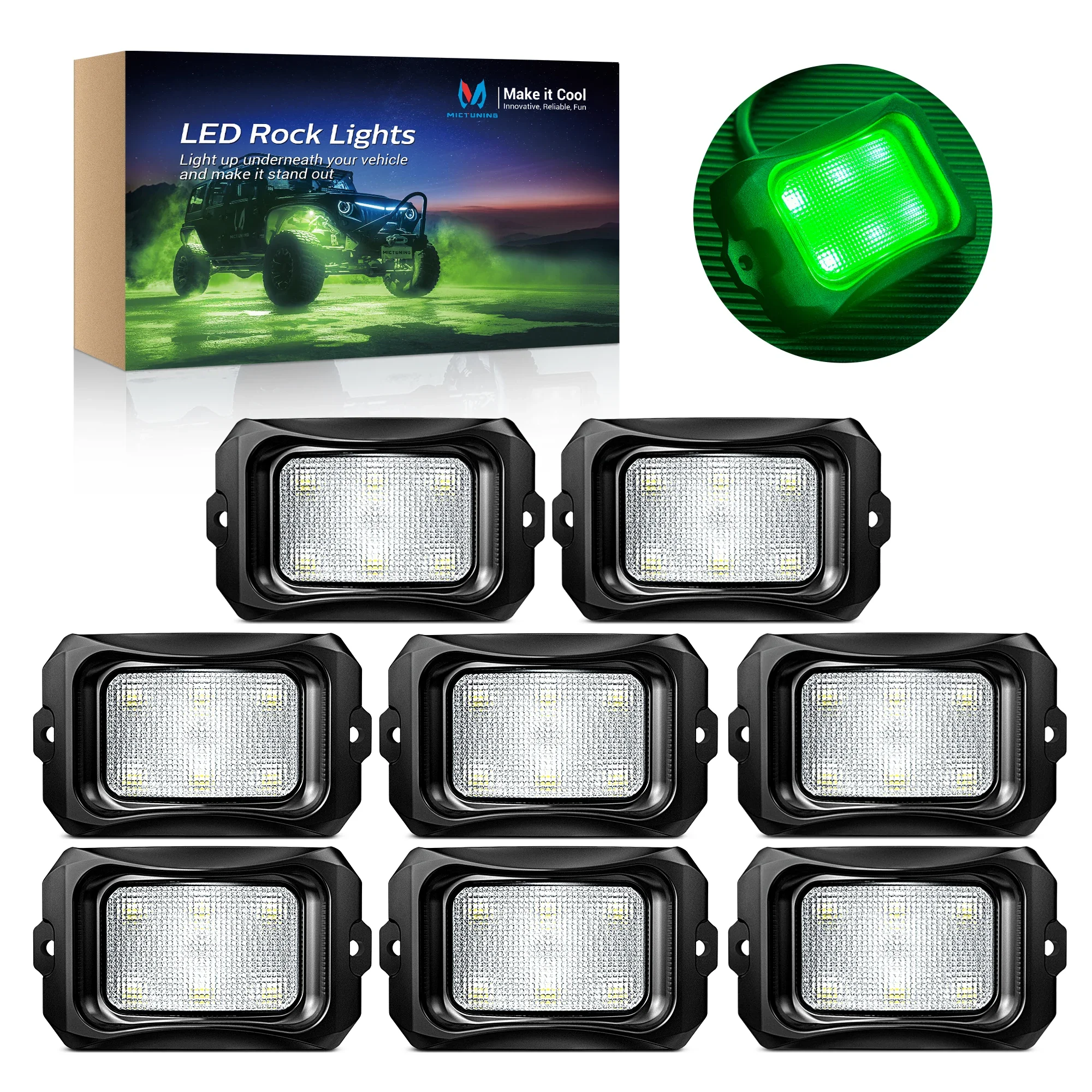 8 Pods C2 Green Rock Light  Solid Color Rock Lights Neon Underglow Light Kits Waterproof Underbody Glow Lamp