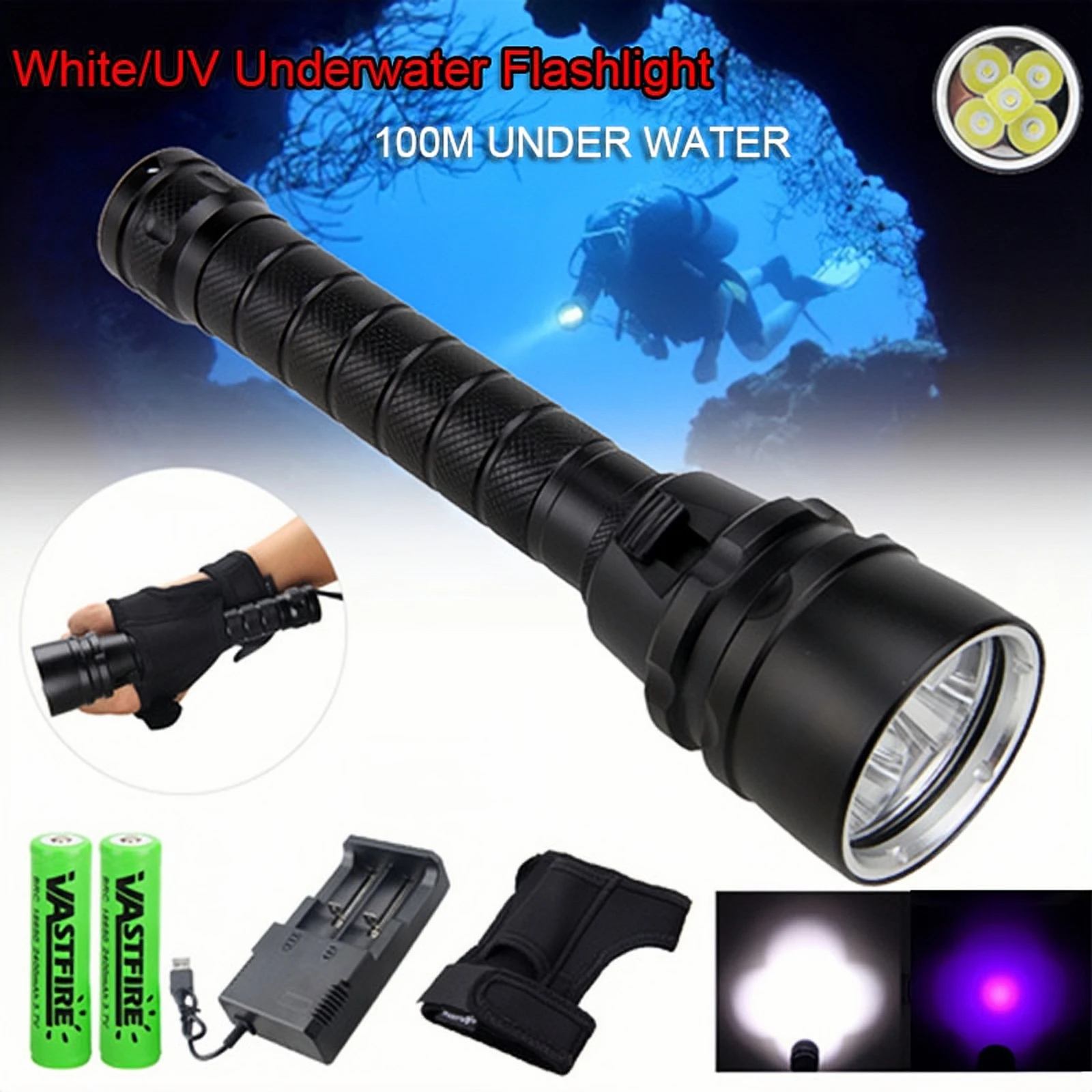 

Professional 10W White UV Light Underwater 100m Rechargeable 5*LED Scuba Diving Flashlight 365-395nm Torch Water Sports Lanterna