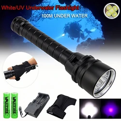 Professional 10W White UV Light Underwater 100m Rechargeable 5*LED Scuba Diving Flashlight 365-395nm Torch Water Sports Lanterna