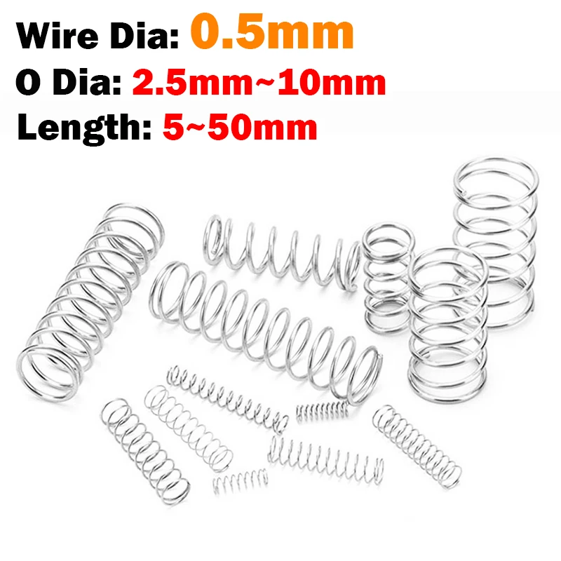 10Pcs/lot Wire Dia 0.5mm Stainless Steel Micro Small Compression Spring OD 2/2.5/3/3.5/4/4.5/5/6/7/8/9/10mm Length 5~50mm