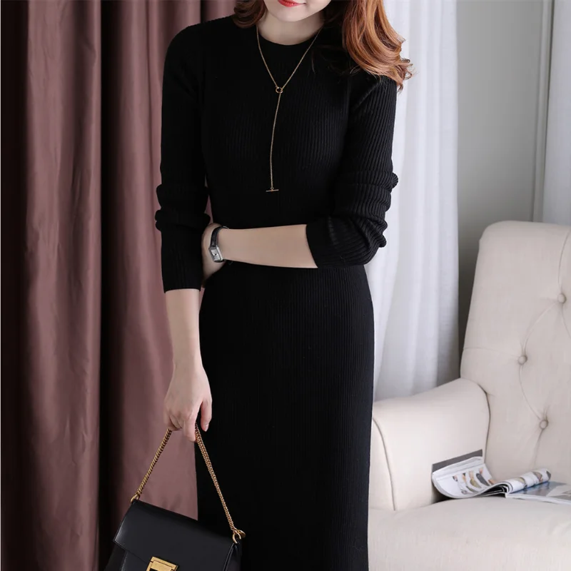 2023 Autumn/Winter Korean Version New Round Neck Long Sleeve Dress Slim Fit and Fashion Solid Color Mid length A-line Dress