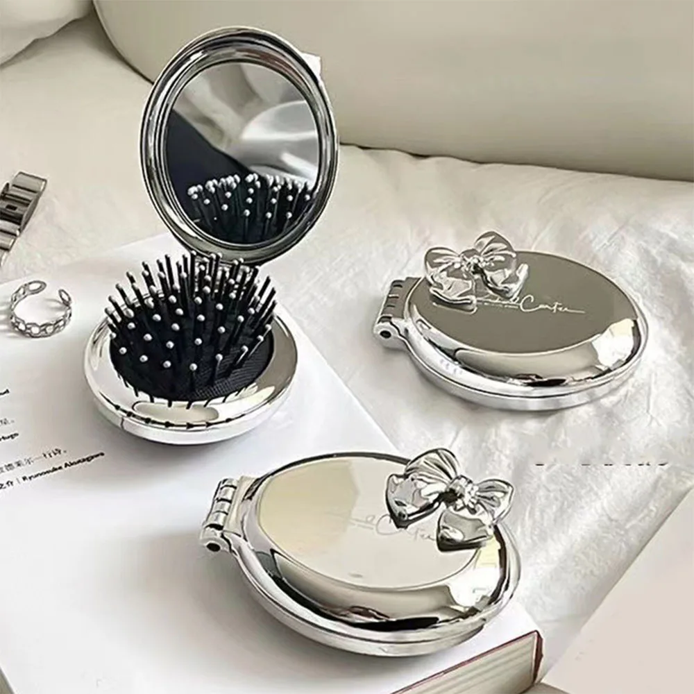 Tragbare Mini Silber Taschenspiegel Klappkamm Mädchen Frauen Runde Kleine Reise Massage Haarbürste mit Spiegel Styling Zubehör