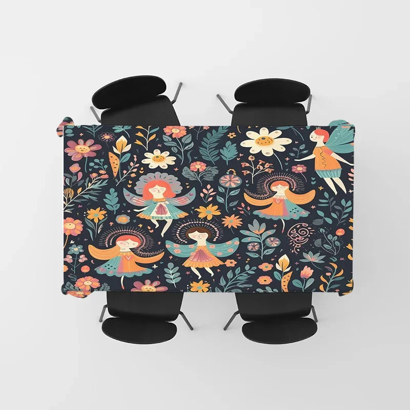 مفرش طاولة مطبوع عليه زهور لديكور المنزل، غطاء طعام بوليستر مقاوم للماء لتزيين المطبخ، تصميم زهور سوداء مع طيور #5