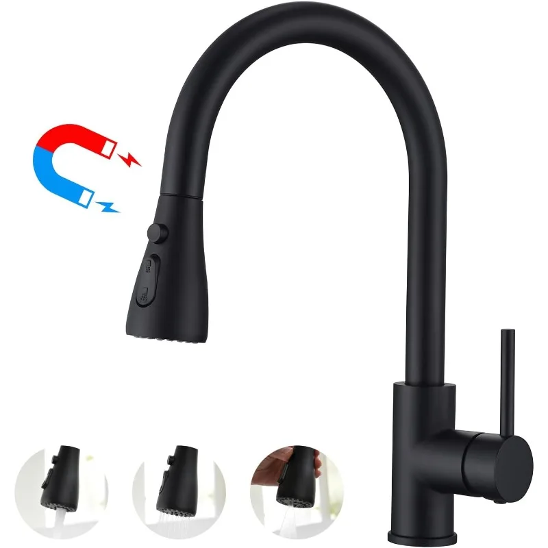 Black Pull-Down Kitchen Faucet with Pull Down Magnetic Sprayer, High Arc Stainless Steel Material with 10 inch Deck Plate,