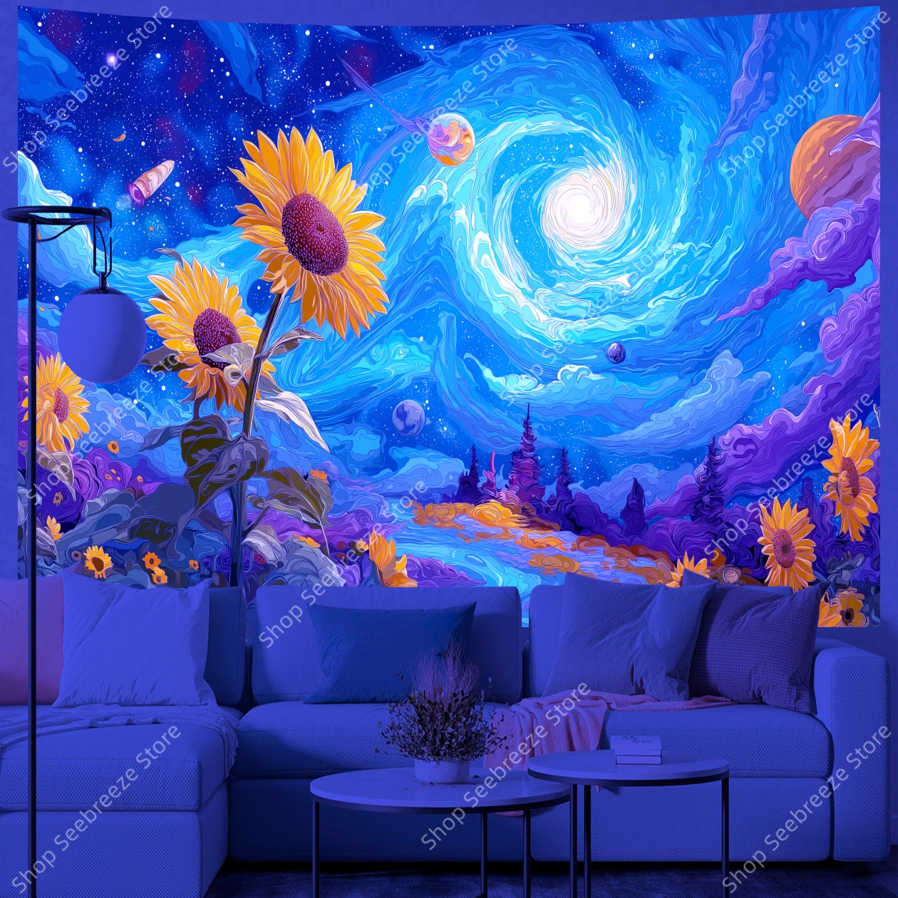 حقل عباد الشمس النابض بالحياة تحت السحرية المرصعة بالنجوم ليلة السماء الأشعة فوق البنفسجية نسيج الخيال الطبيعة الجدار الشنق لديكور غرفة المعيشة البوهيمية #6