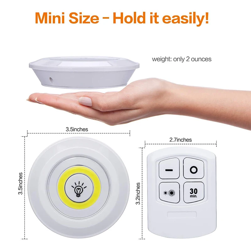 Dimmable 3W COB Under Cabinet Lamp LED Night Light Remote Control Wardrobe Light Switch Push Button for Stairs Kitchen Bathroom