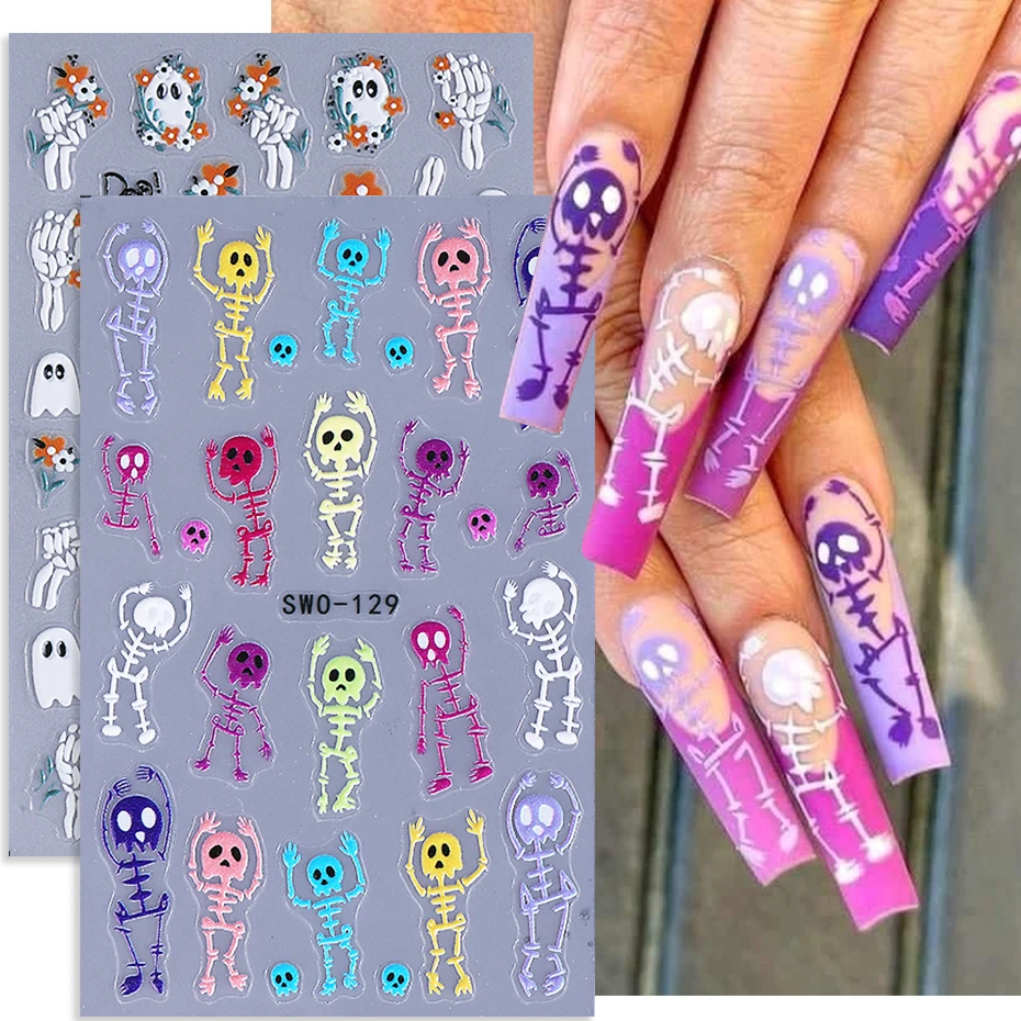 

2pcs Halloween Skull Nail Stickers Cartoon Skeleton Hand Ghost Textured Design Nail Decals Slider DIY Charms Manicure Decoration