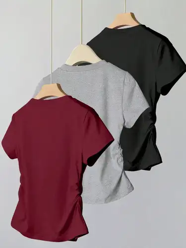 Imagen 2 del producto 2025 Primavera/Verano otoño nueva Color sólido Casual cómodo camiseta de manga corta para mujer conjunto de tres piezas