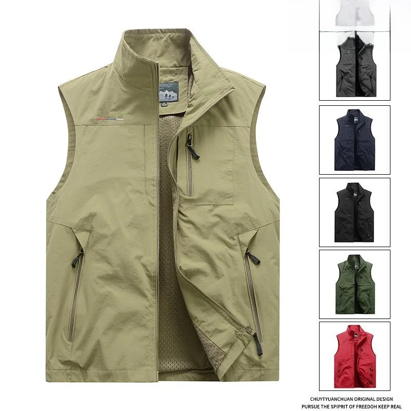 

Мужской повседневный рабочий жилет с воротником-стойкой и множеством карманов, осенний, для фотосъемки, рыбалки, активного отдыха, удобный, из нейлоновой ткани