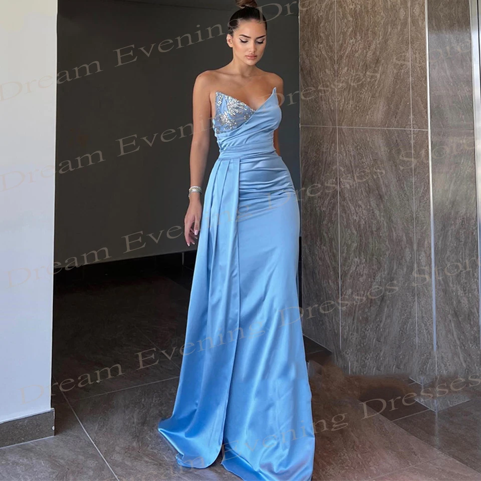 2024 Graceful Popular Blue Women's Mermaid Simple Evening Dresses Sexy Strapless Sleeveless Prom Gowns Pleated Vestido De Festa