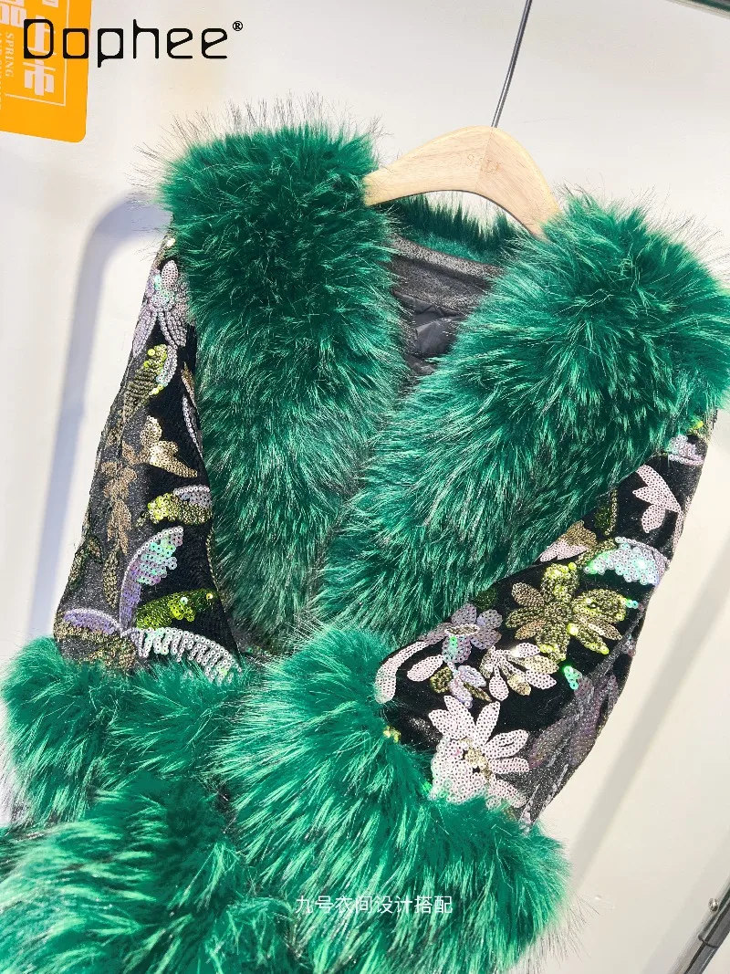 Europäische Station Winter Grün Pelzmantel für Frauen Schwere Pailletten Patchwork Farbe Plüsch Umlegekragen Casual Trendy Faux Pelzmantel