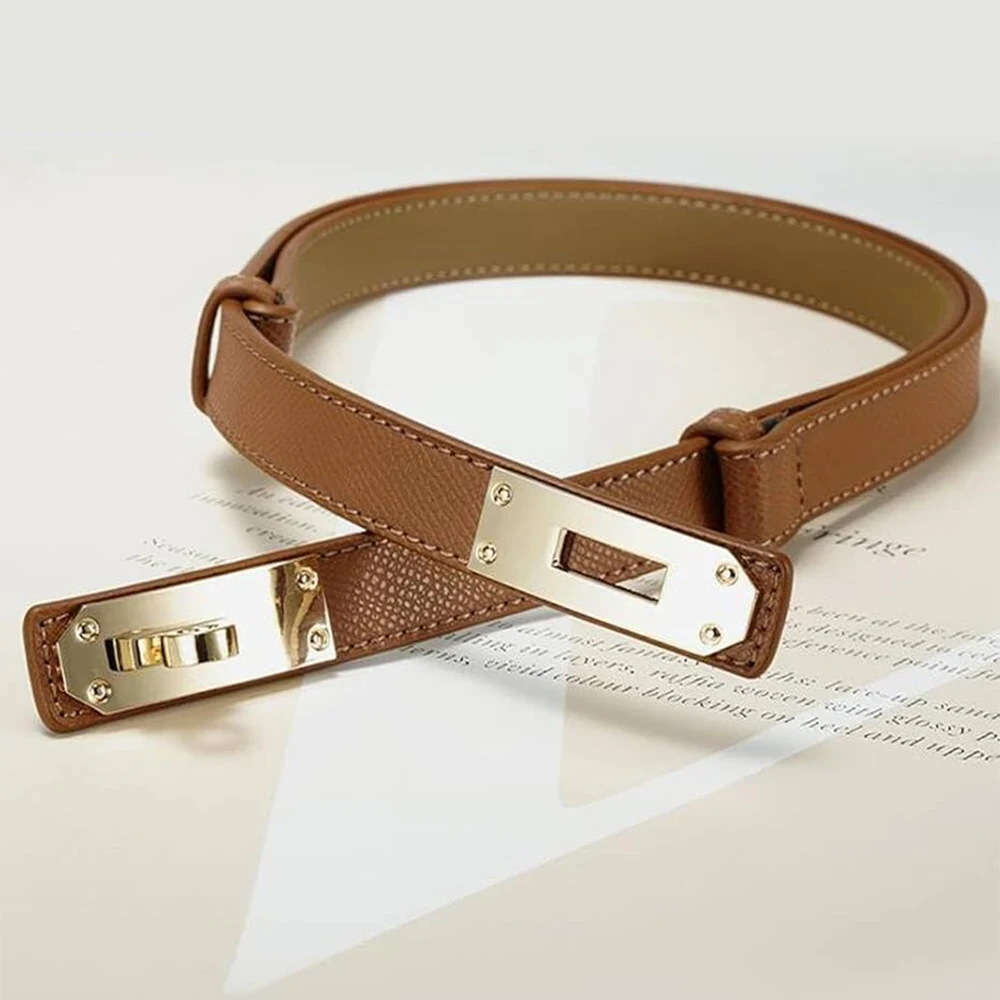 Womens Leather Belts For Jeans Dresses Pants Skinny Waist Belt with Adjustable Gold Turn-Lock Buckle