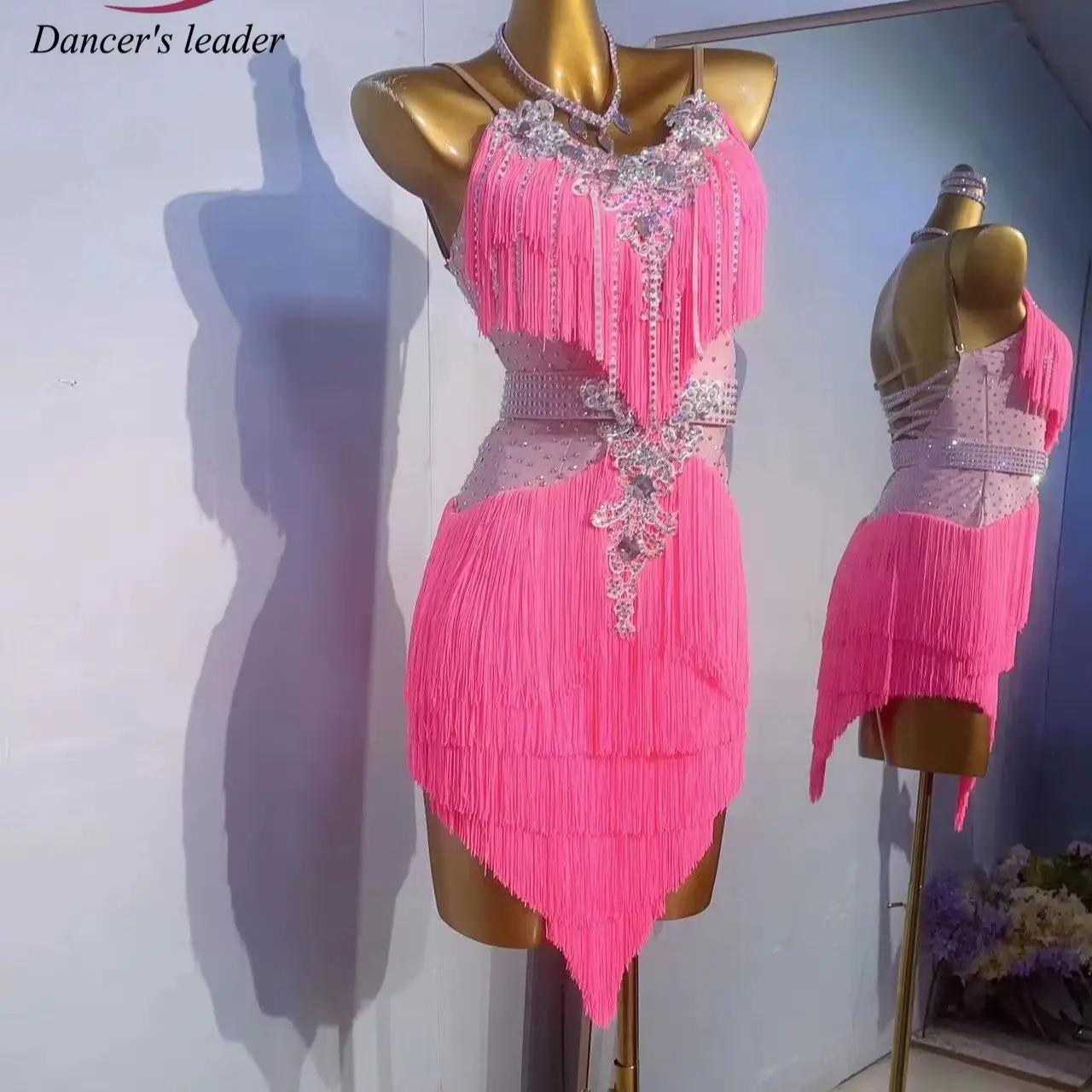 Latin Dance International Stage Diamond Women's Wear High end Customized Pink Tassel Strap American Samba Performance Dress