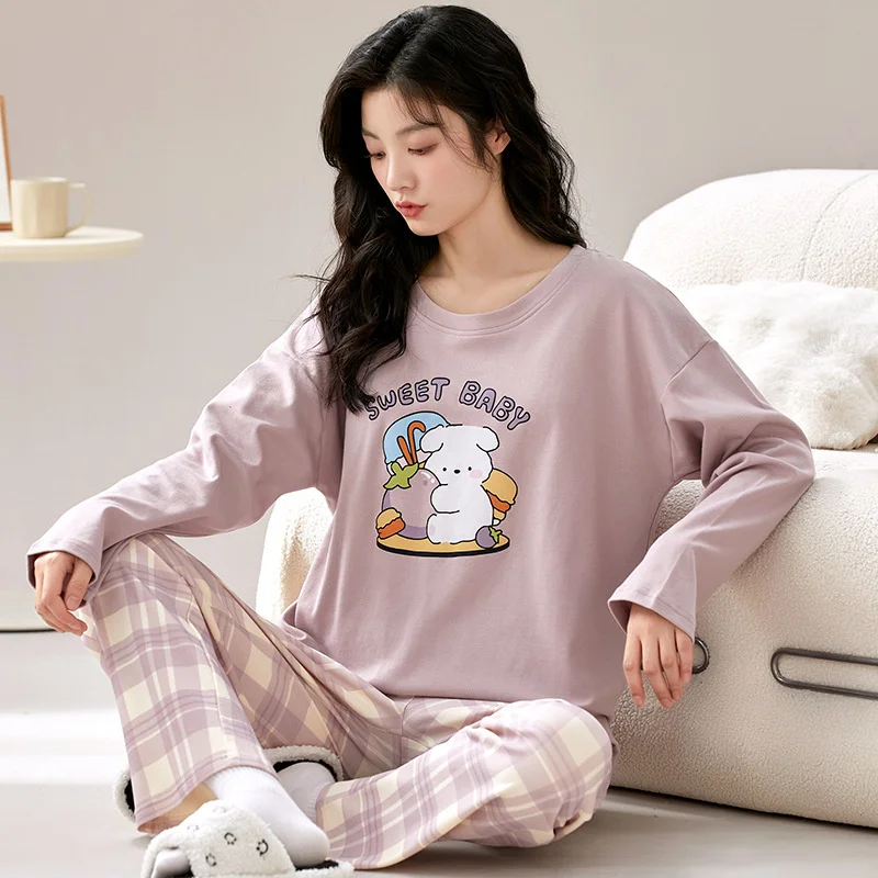 Autumn Spring Women Cotton Pajamas Set Printing Sleepwear for Girl Fashion Long Sleeve O-neck Cute Sweet Pajamas