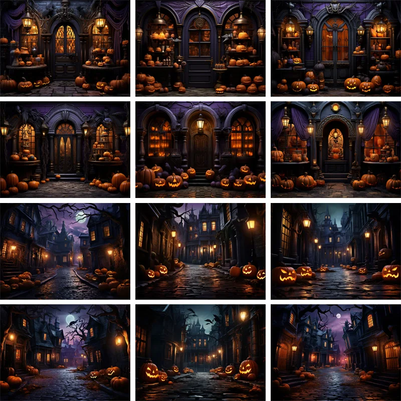 

Halloween Photography Background Pumpkin And House Scary Night Full Moon And Old Castle Decoration Backdrop Home Party Supplies