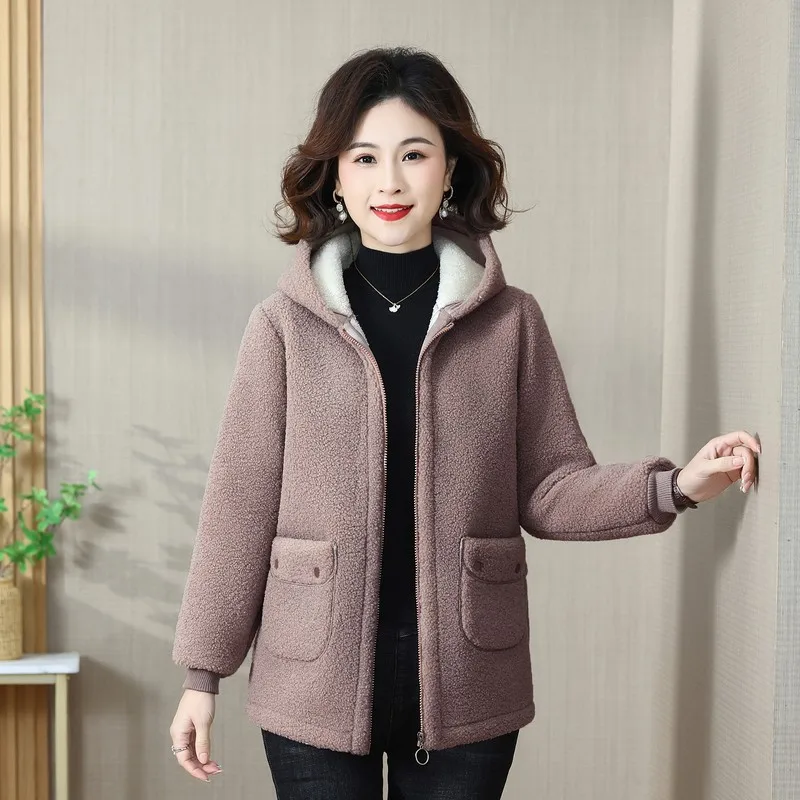 Manteau en laine d'agneau pour femme d'âge moyen, veste à capuche en coton peluche, vêtements d'extérieur chauds pour femme, sourire polaire, grande taille, hiver