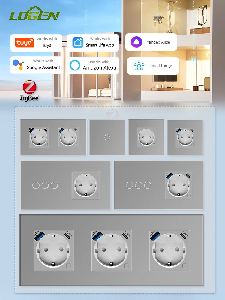 

LOGEN ZigBee Smart Sockets Touch Light Switch Energy Monitoring 1Way Glass Panel Switch Timer Schedule Tuya Need Neutral Wire