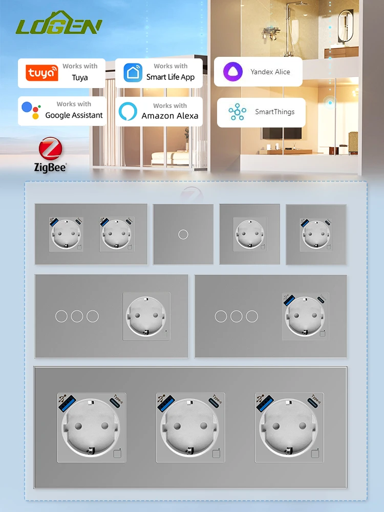 LOGEN ZigBee  Smart Sockets Touch Light Switch Energy Monitoring 1Way Glass Panel Switch Timer Schedule Tuya Need Neutral Wire