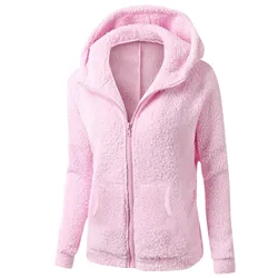 Women Fleece Hooded Jacket Solid Lamb Cashmere Cardigan Jacket Coat Ladies Casual Plush Autumn Winter Long Sleeve Coat