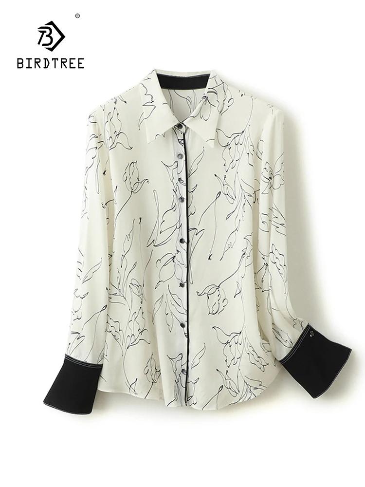 

BirdTree 89.5%Real Silk Elegant Shirt, Women Long Sleeve Lapel Printed, Versatile Temperament Blouses, 2024 Spring New T43421QC