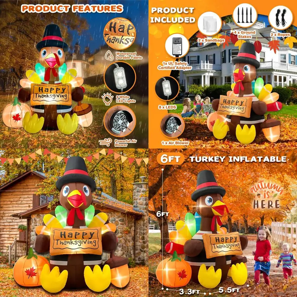 

6-Foot LED-Illuminated Thanksgiving Turkey Inflatable for Outdoor Lawn Holiday Decor