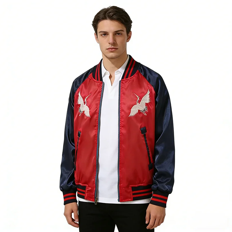 

Sukajan Satin Bomber Baseball Jacket Men Yokosuka Embroidery 2 Double Sided Wearable Coat Brand Streetwear 2025 Spring Autumn Z1