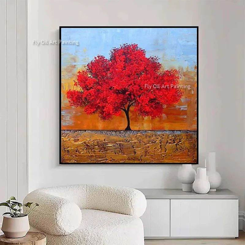 Simple Home Wall Decor Items New Red Orange Tree Landscape Oil Painting On Canvas Original Handmade Black Red Grey Artwork